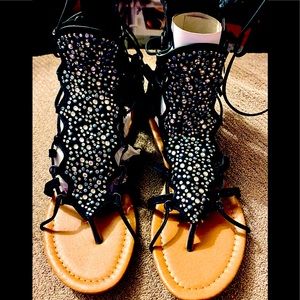 Black gladiator rhinestone sandals